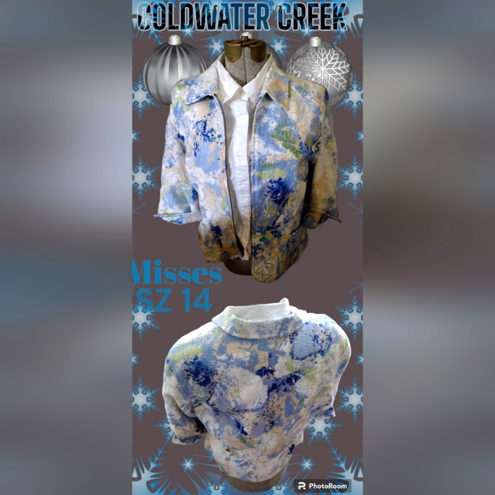 COLDWATER CREEK BLUE FLORAL BLAZER W/ZIPPER SZ 14